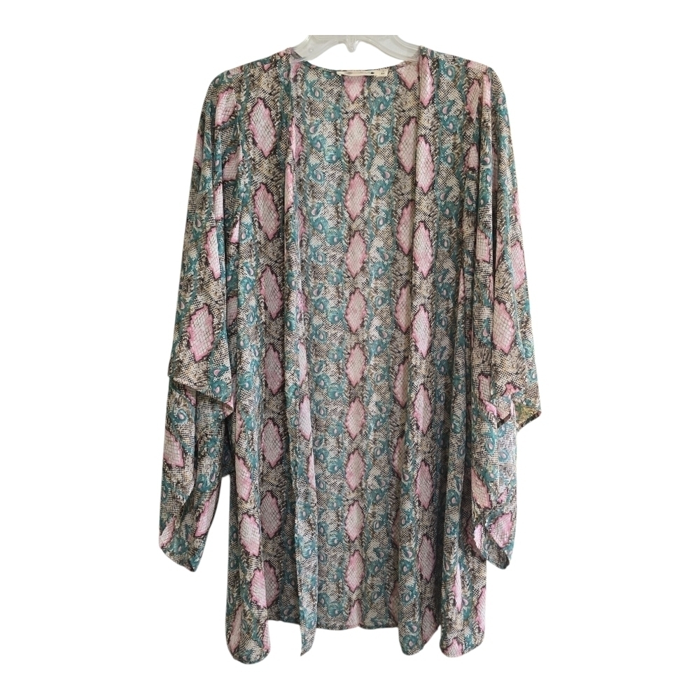 Buddy Love Boho Pastel Python Print Kimono Topper Medium Pink Green Wide Sleeves